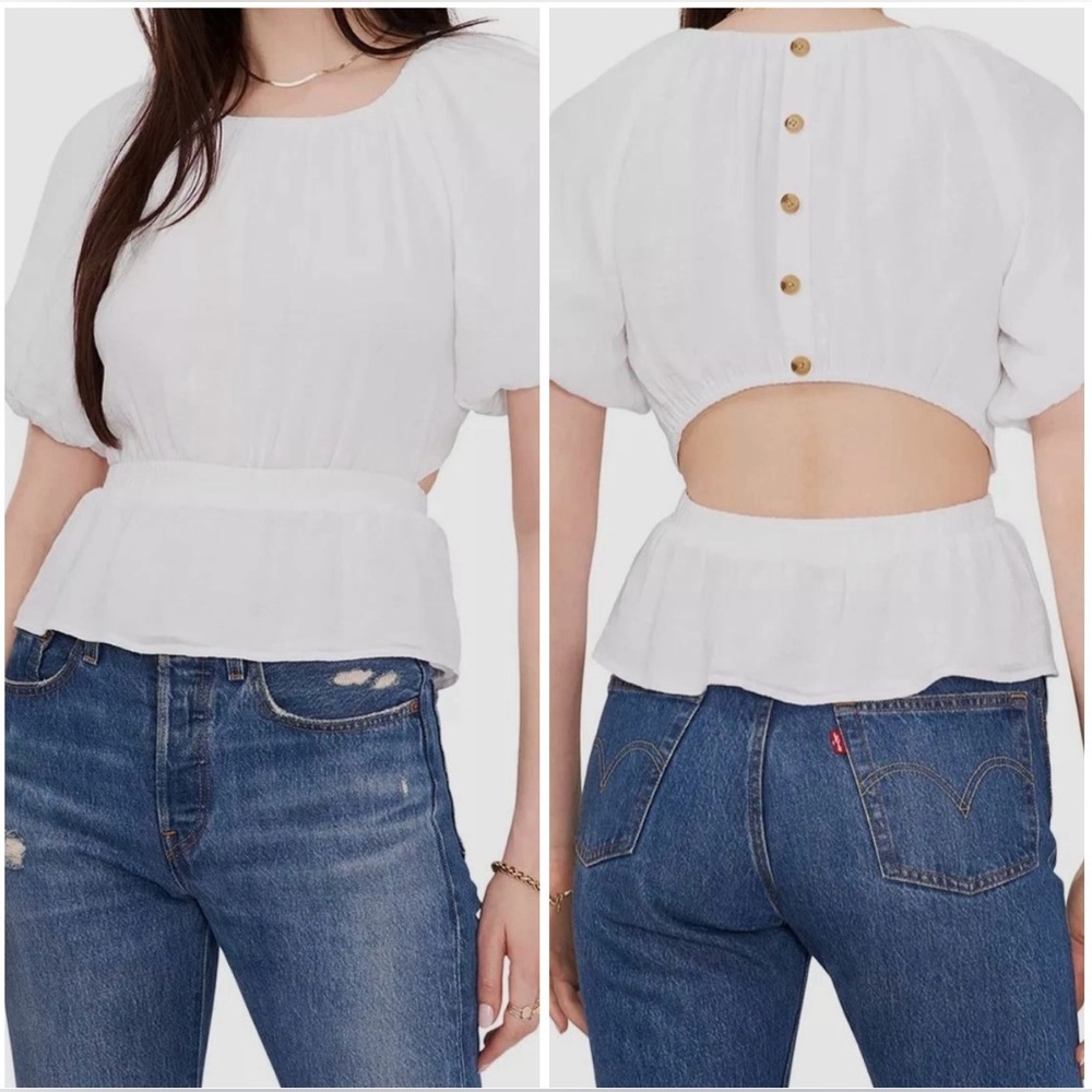 1.STATE Peplum Top, Puff Sleeve, Cutout Back, Color‎ Ultra White, Size Small